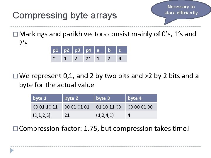 Necessary to store efficiently Compressing byte arrays � Markings and parikh vectors consist mainly
