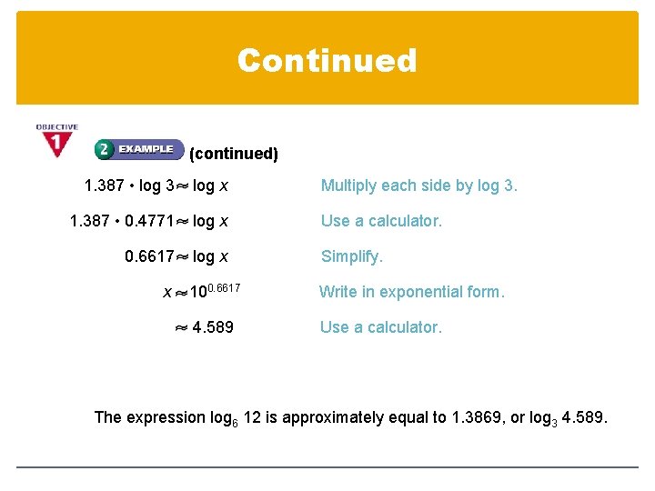 Continued (continued) 1. 387 • log 3 log x Multiply each side by log