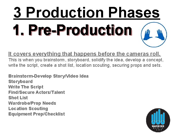 3 Production Phases 1. Pre-Production It covers everything that happens before the cameras roll.
