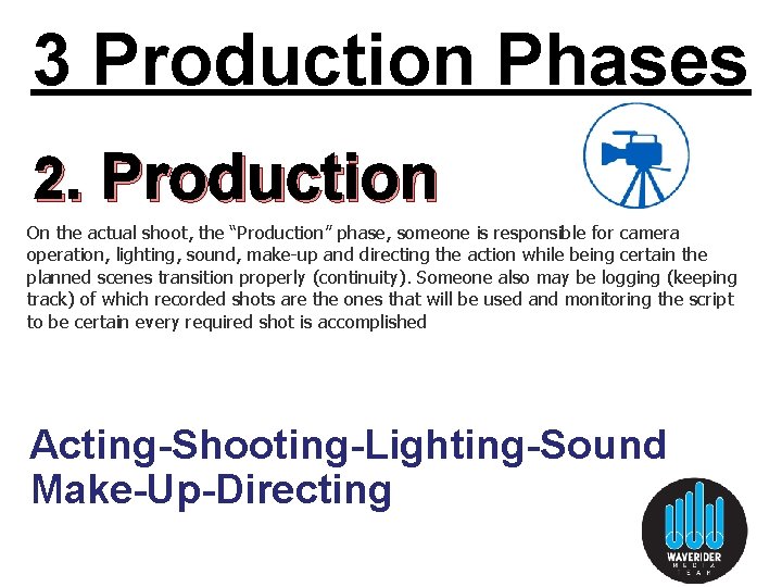 3 Production Phases 2. Production On the actual shoot, the “Production” phase, someone is