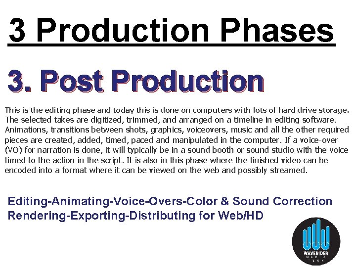3 Production Phases 3. Post Production This is the editing phase and today this