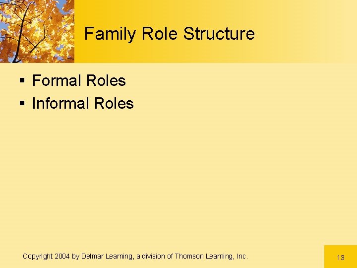 Family Role Structure § Formal Roles § Informal Roles Copyright 2004 by Delmar Learning,