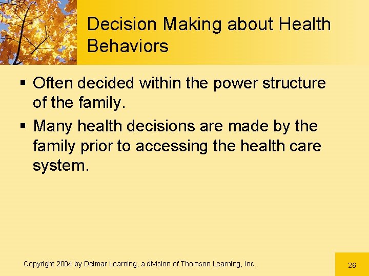 Decision Making about Health Behaviors § Often decided within the power structure of the