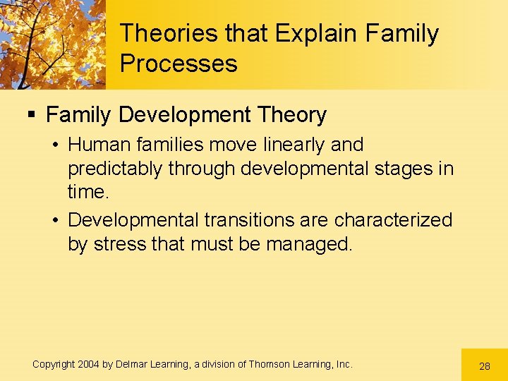 Theories that Explain Family Processes § Family Development Theory • Human families move linearly
