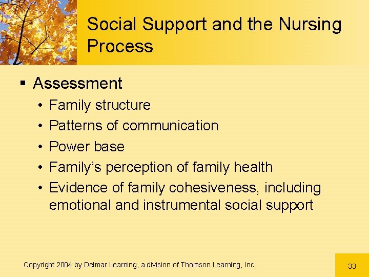 Social Support and the Nursing Process § Assessment • • • Family structure Patterns