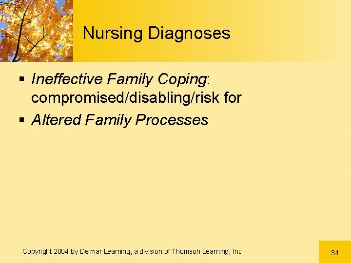 Nursing Diagnoses § Ineffective Family Coping: compromised/disabling/risk for § Altered Family Processes Copyright 2004