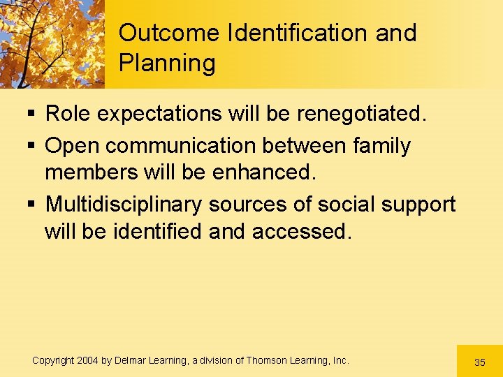 Outcome Identification and Planning § Role expectations will be renegotiated. § Open communication between