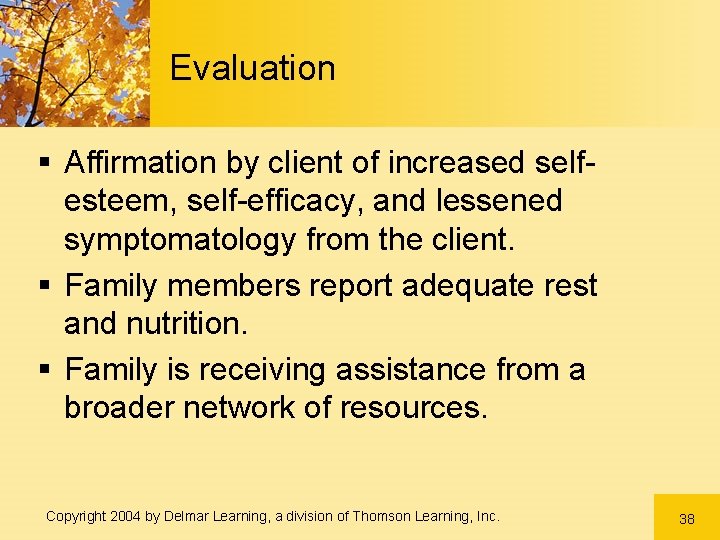 Evaluation § Affirmation by client of increased selfesteem, self-efficacy, and lessened symptomatology from the