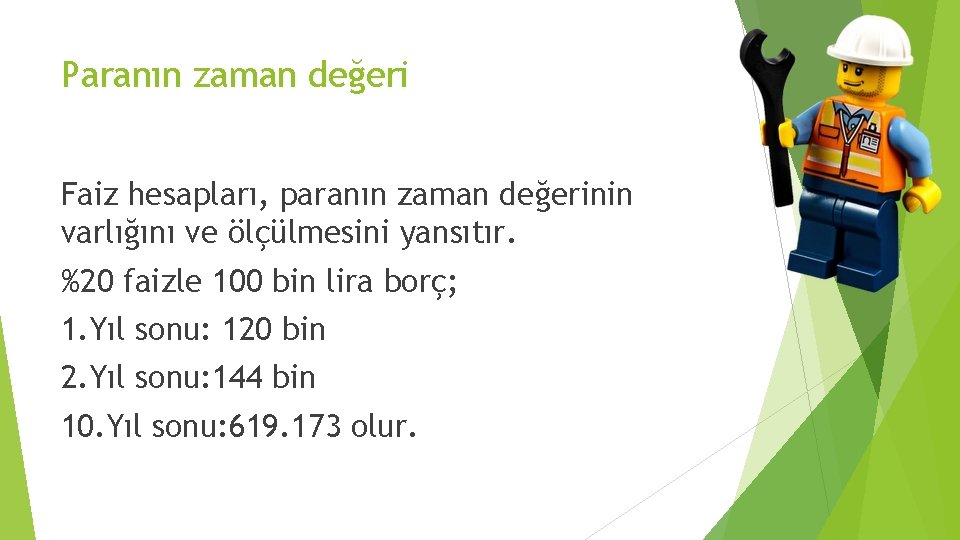 Paranın zaman değeri Faiz hesapları, paranın zaman değerinin varlığını ve ölçülmesini yansıtır. %20 faizle