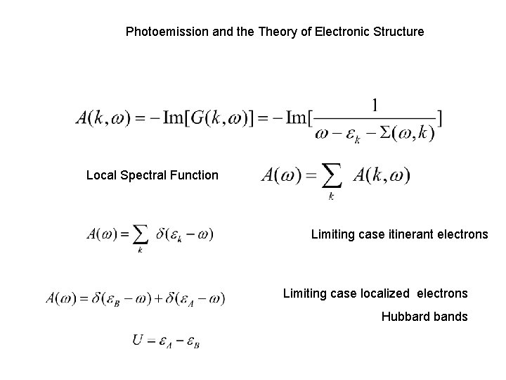 Photoemission and the Theory of Electronic Structure Local Spectral Function Limiting case itinerant electrons