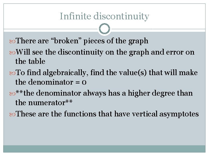 Infinite discontinuity There are “broken” pieces of the graph Will see the discontinuity on