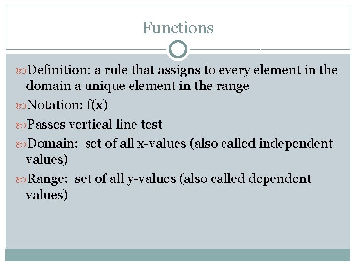 Functions Definition: a rule that assigns to every element in the domain a unique