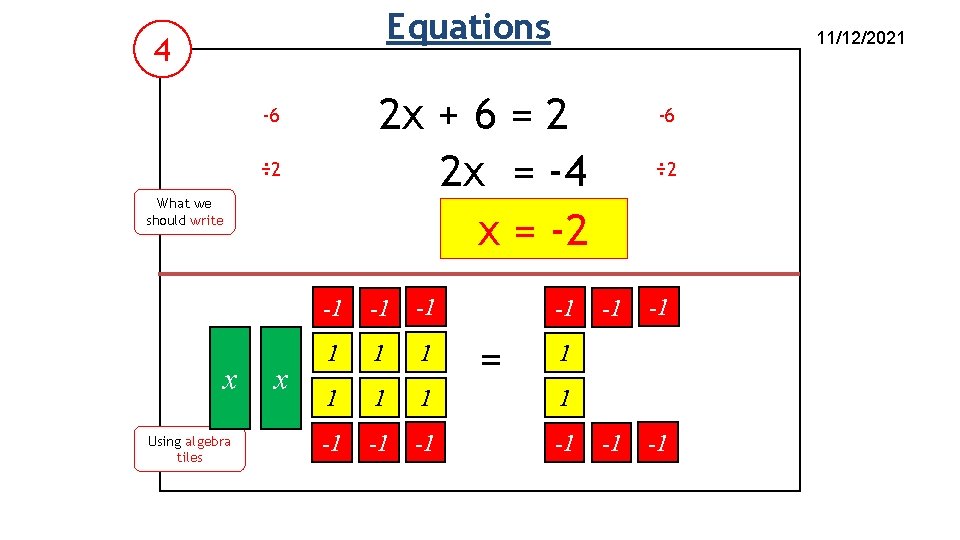 Equations 4 2 x + 6 = 2 2 x = -4 x =