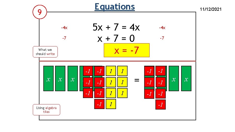 Equations 9 5 x + 7 = 4 x x+7=0 x = -7 -4