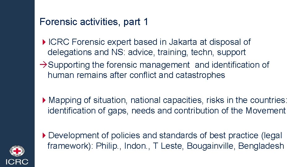 Forensic activities, part 1 4 ICRC Forensic expert based in Jakarta at disposal of