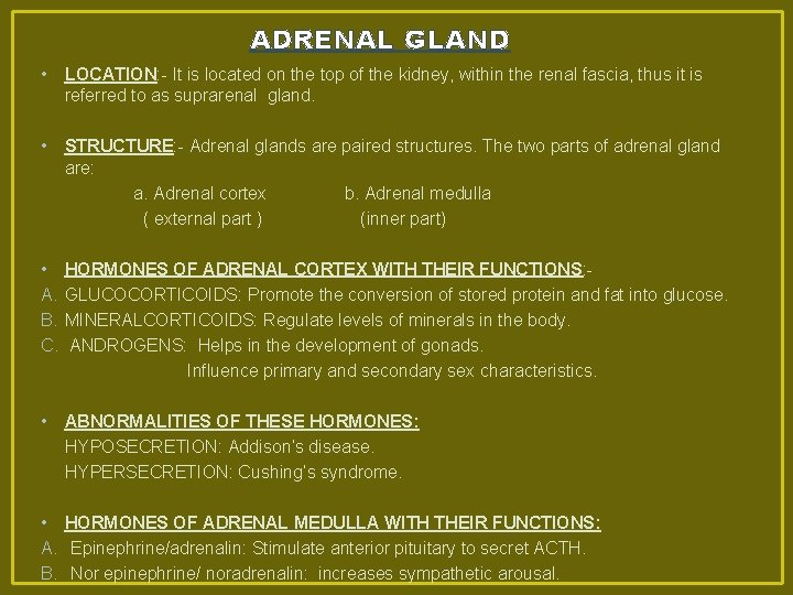 ADRENAL GLAND • LOCATION: - It is located on the top of the kidney,