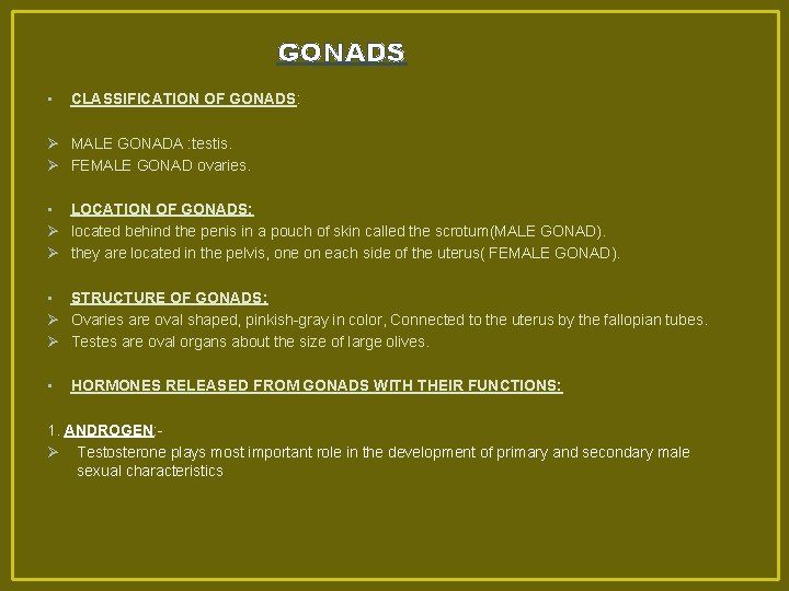 GONADS • CLASSIFICATION OF GONADS: Ø MALE GONADA : testis. Ø FEMALE GONAD ovaries.