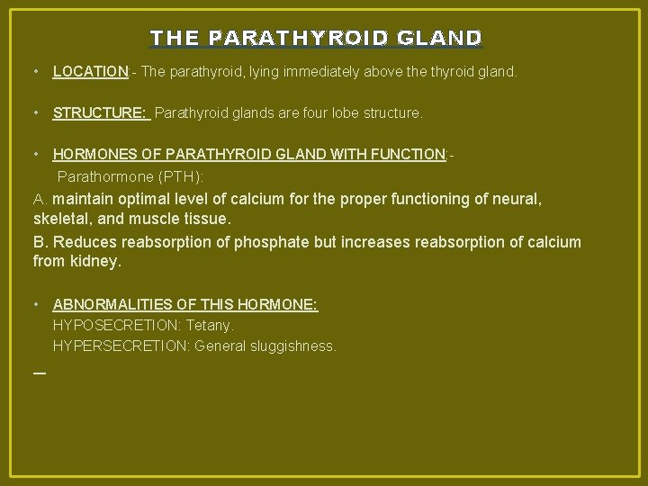 THE PARATHYROID GLAND • LOCATION: - The parathyroid, lying immediately above thyroid gland. •