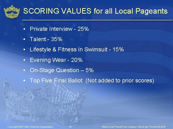 SCORING VALUES for all Local Pageants • Private Interview - 25% • Talent -