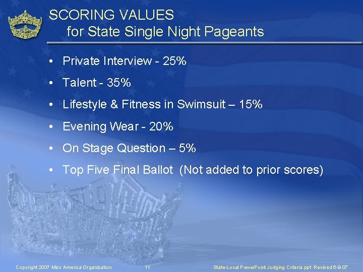 SCORING VALUES for State Single Night Pageants • Private Interview - 25% • Talent