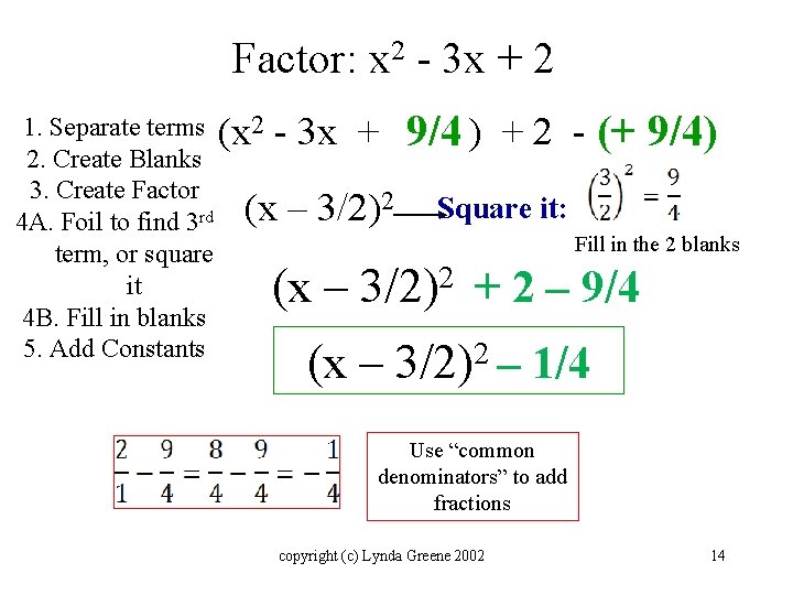 Factor: x 2 - 3 x + 2 1. Separate terms (x 2 -