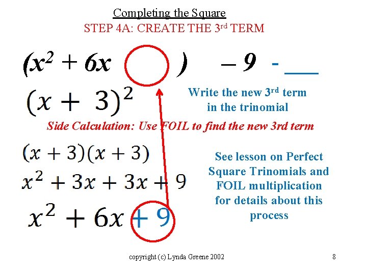 Completing the Square STEP 4 A: CREATE THE 3 rd TERM 2 (x +