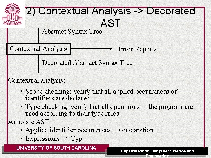 2) Contextual Analysis -> Decorated AST Abstract Syntax Tree Contextual Analysis Error Reports Decorated