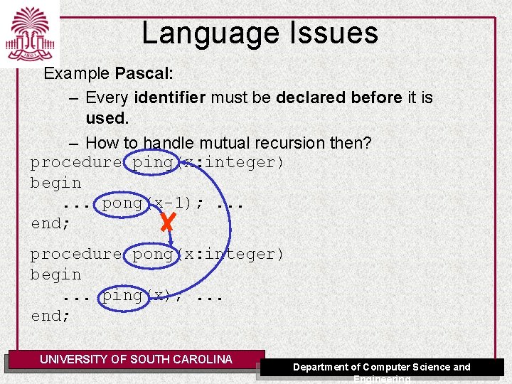 Language Issues Example Pascal: – Every identifier must be declared before it is used.
