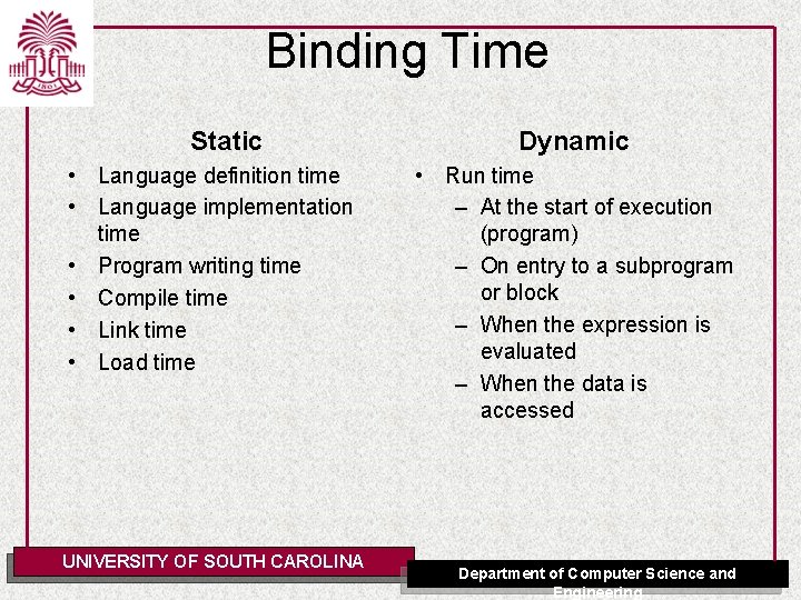 Binding Time Static • Language definition time • Language implementation time • Program writing
