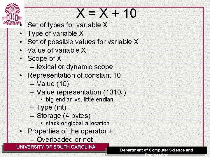 X = X + 10 • • • Set of types for variable X