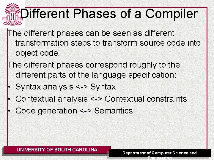 Different Phases of a Compiler The different phases can be seen as different transformation