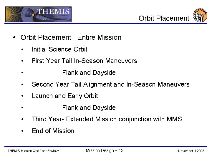 Orbit Placement Entire Mission • Initial Science Orbit • First Year Tail In-Season Maneuvers