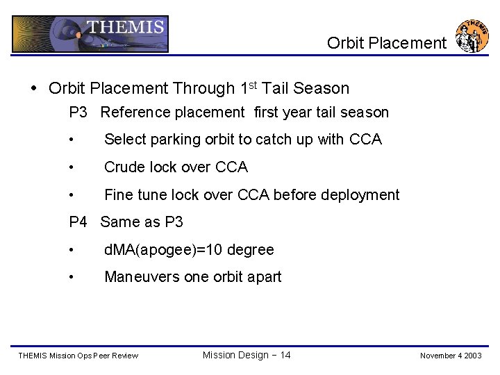 Orbit Placement Through 1 st Tail Season P 3 Reference placement first year tail