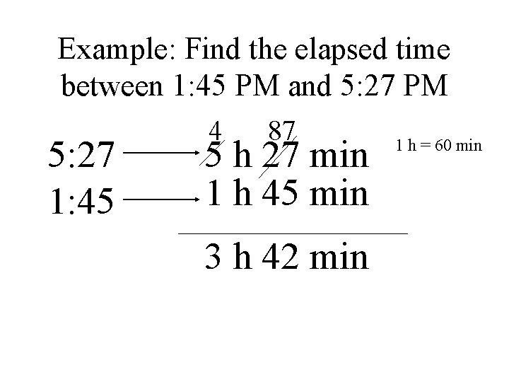 Example: Find the elapsed time between 1: 45 PM and 5: 27 PM 5: