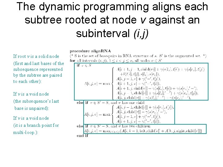 The dynamic programming aligns each subtree rooted at node v against an subinterval (i,