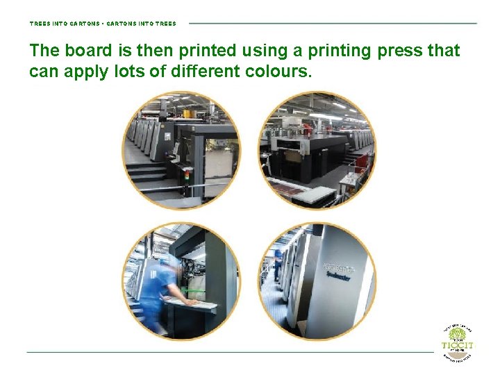 TREES INTO CARTONS • CARTONS INTO TREES The board is then printed using a