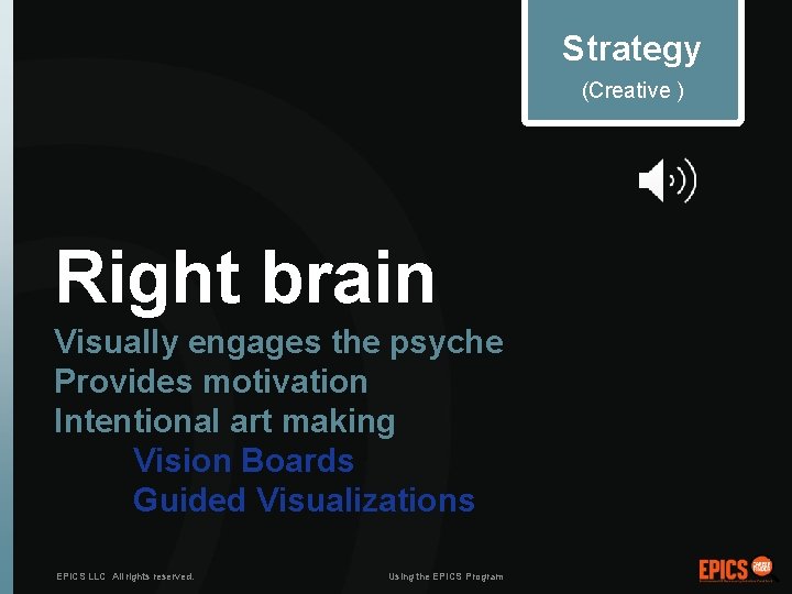 Strategy (Creative ) Right brain Visually engages the psyche Provides motivation Intentional art making