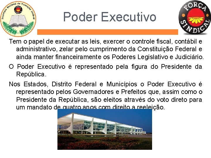 Poder Executivo Tem o papel de executar as leis, exercer o controle fiscal, contábil