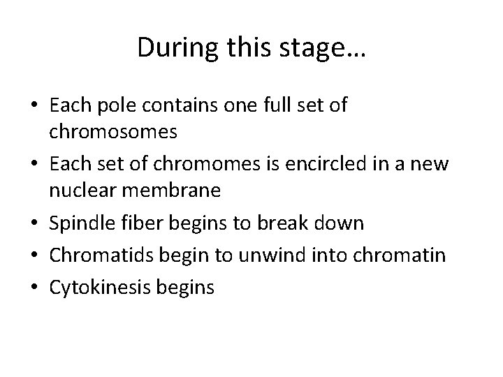 During this stage… • Each pole contains one full set of chromosomes • Each