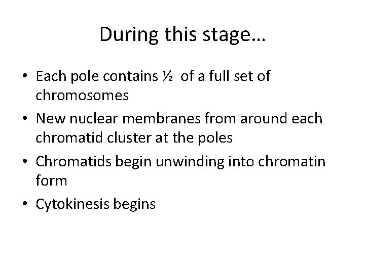 During this stage… • Each pole contains ½ of a full set of chromosomes