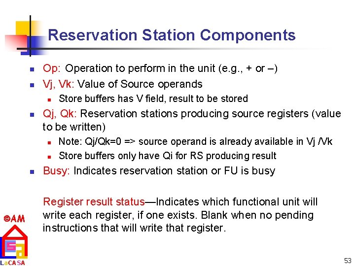 Reservation Station Components n n Op: Operation to perform in the unit (e. g.