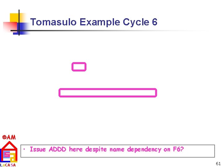 Tomasulo Example Cycle 6 AM La. CASA • Issue ADDD here despite name dependency