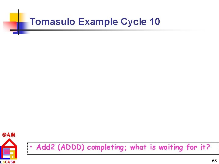 Tomasulo Example Cycle 10 AM La. CASA • Add 2 (ADDD) completing; what is