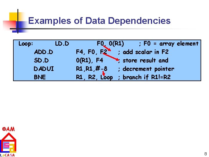 Examples of Data Dependencies Loop: LD. D ADD. D SD. D DADUI BNE F