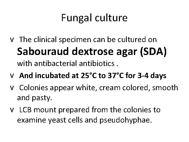 Fungal culture v The clinical specimen can be cultured on Sabouraud dextrose agar (SDA)
