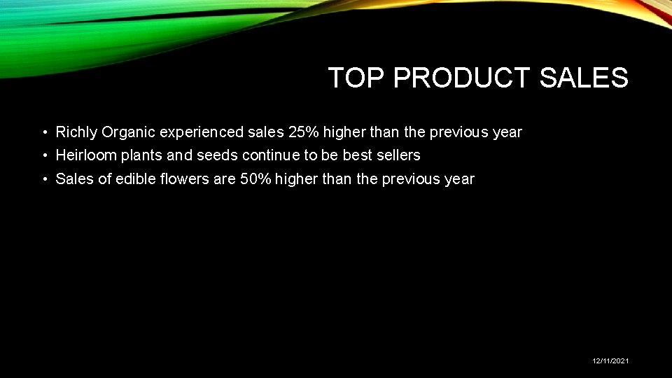 TOP PRODUCT SALES • Richly Organic experienced sales 25% higher than the previous year