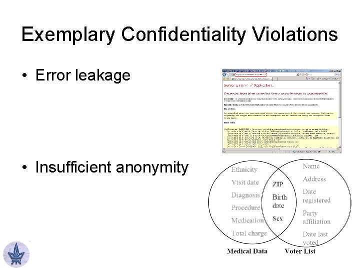 Exemplary Confidentiality Violations • Error leakage • Insufficient anonymity 