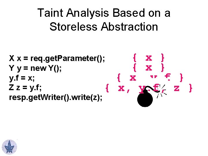 Taint Analysis Based on a Storeless Abstraction X x = req. get. Parameter(); Y