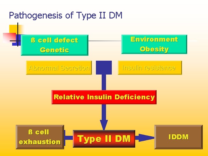 Pathogenesis of Type II DM ß cell defect Genetic Abnormal Secretion Environment Obesity Insulin