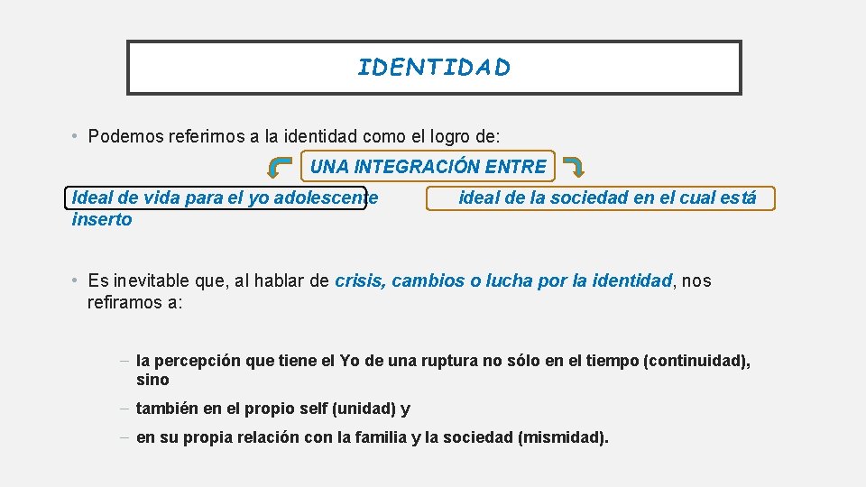 IDENTIDAD • Podemos referirnos a la identidad como el logro de: UNA INTEGRACIÓN ENTRE